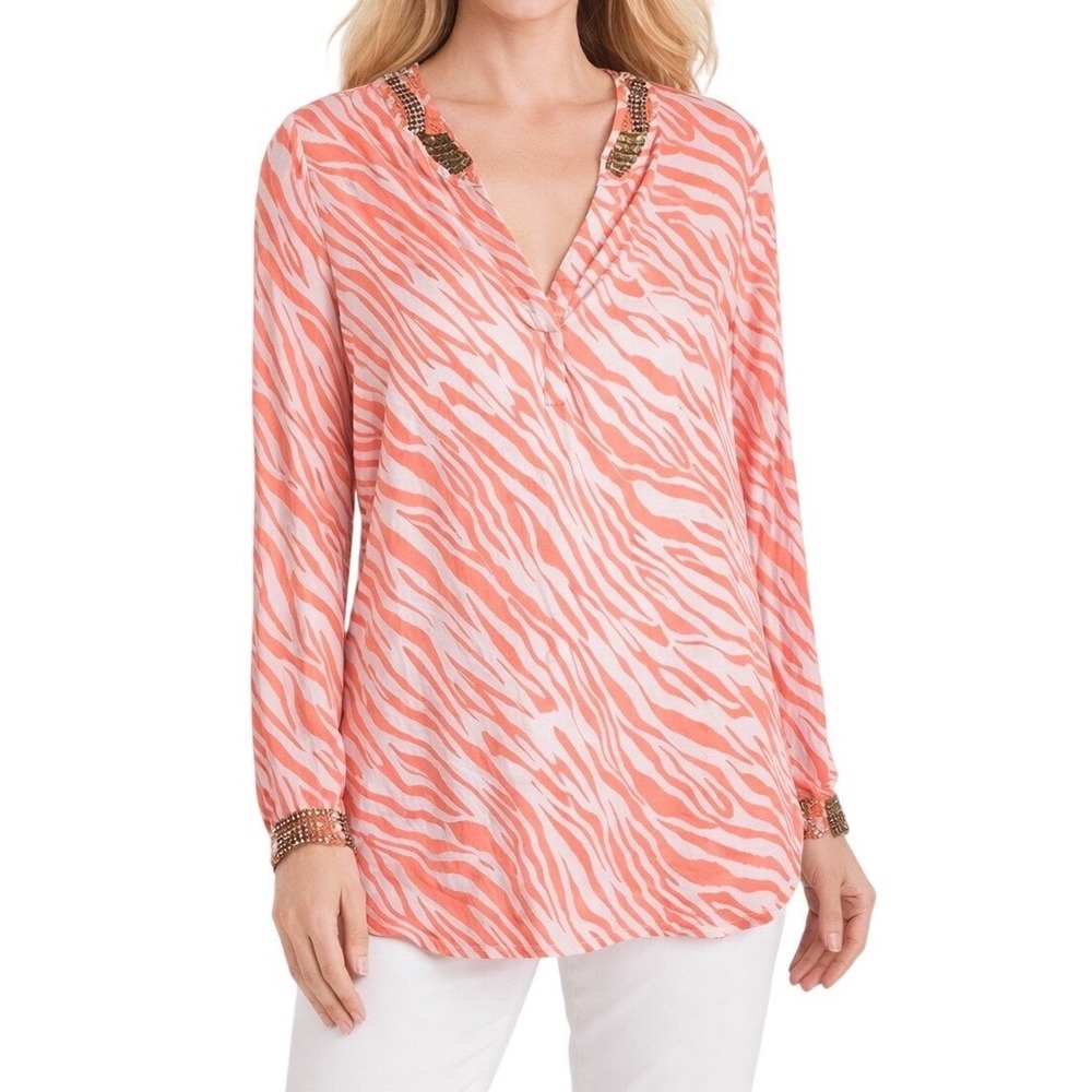 Chico's Tunic Blouse Womens Size 1 Coral Zebra Print Beaded Neckline Long Sleeve